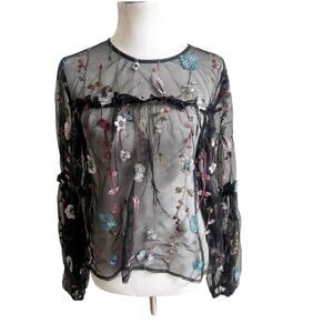 A New Day Sheer Mesh Peasant Top L Black Floral Embroidered Goth Whimsical